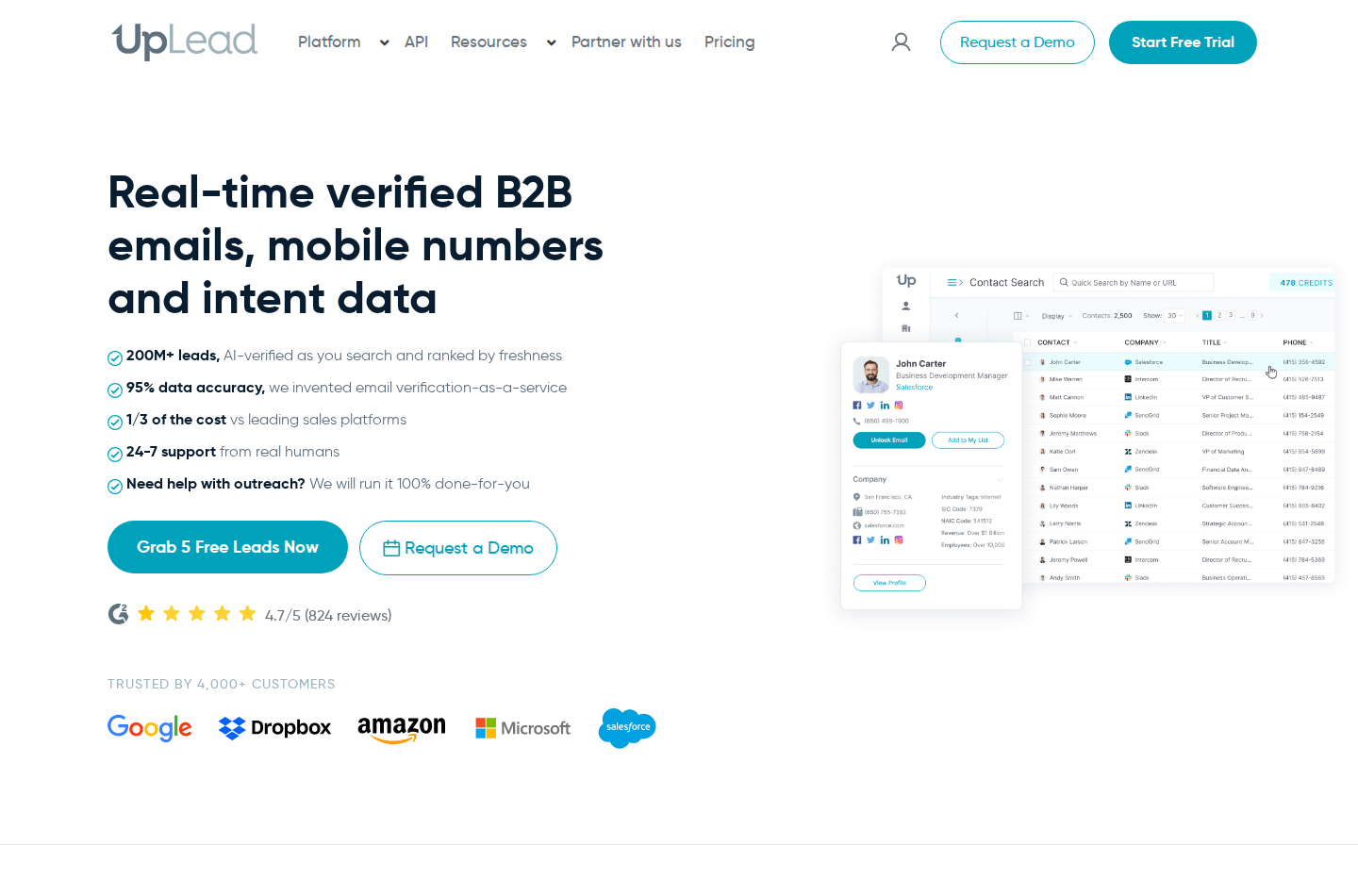 UpLead homepage showing verified B2B emails, mobile numbers and intent data