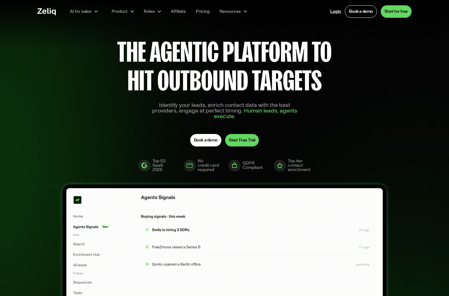 Zeliq homepage showing its outbound prospecting platform
