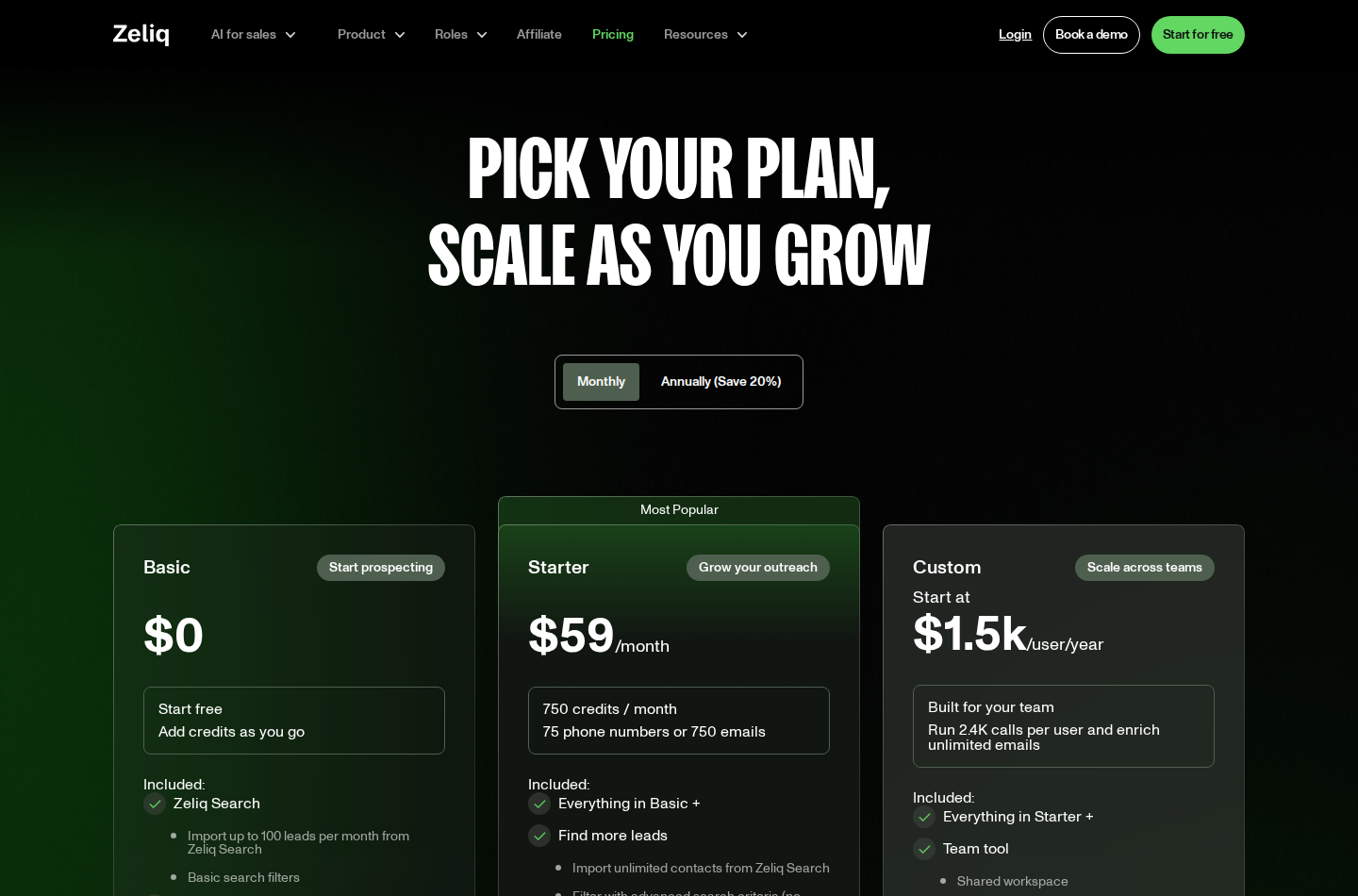 Zeliq pricing showing monthly Basic, Starter and Custom plans