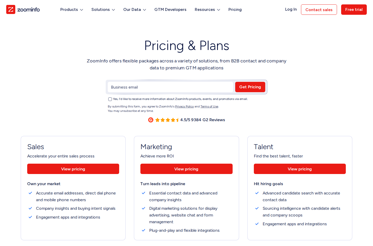 ZoomInfo pricing page showing Sales, Marketing and Talent packages