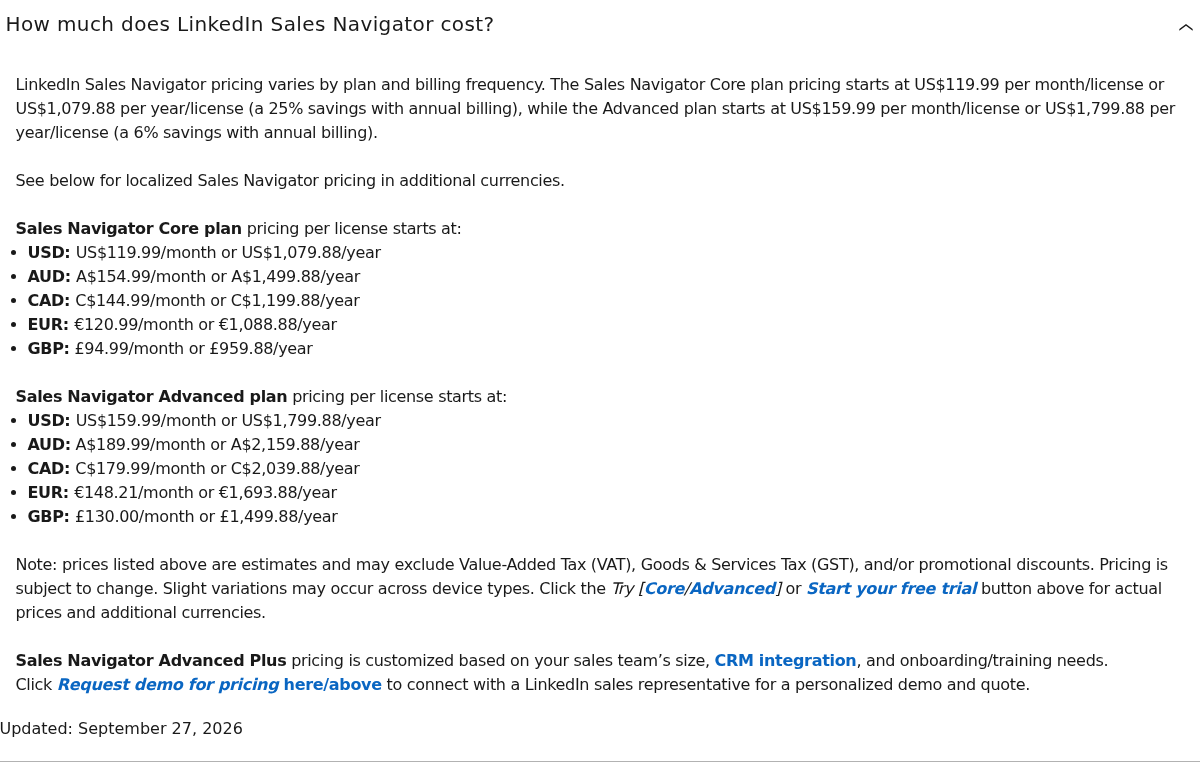 LinkedIn Sales Navigator pricing and billing context