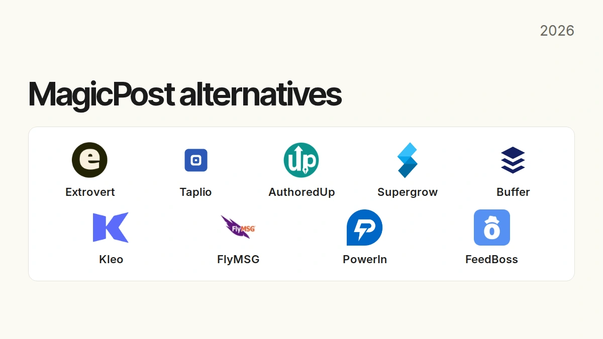 MagicPost alternatives: Extrovert, Taplio, AuthoredUp, Supergrow, Buffer, Kleo, FlyMSG, PowerIn and FeedBoss.