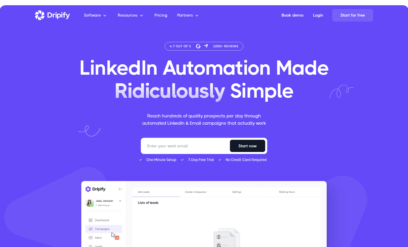 Dripify homepage showing LinkedIn and email outreach