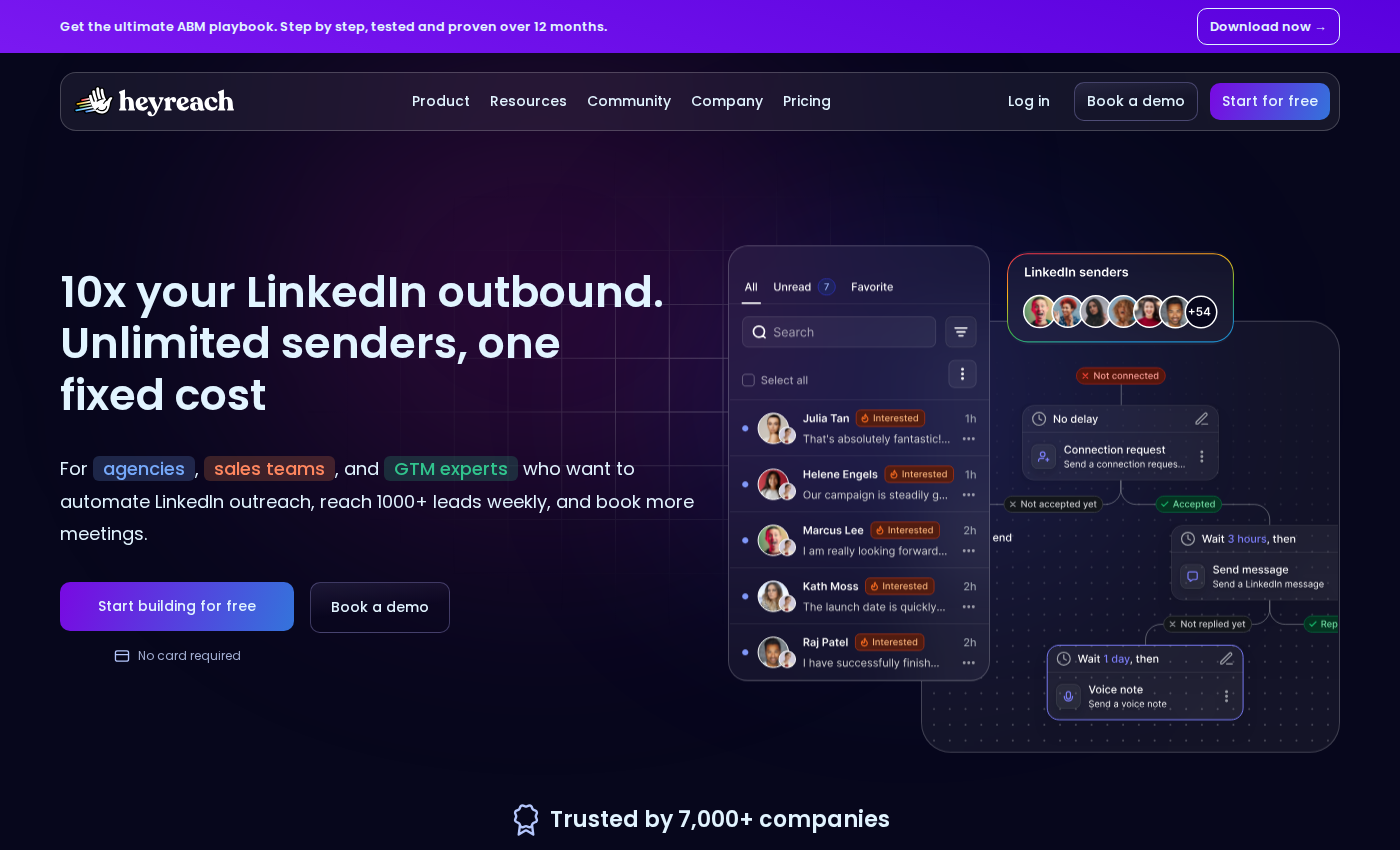 HeyReach homepage showing its outbound campaign positioning