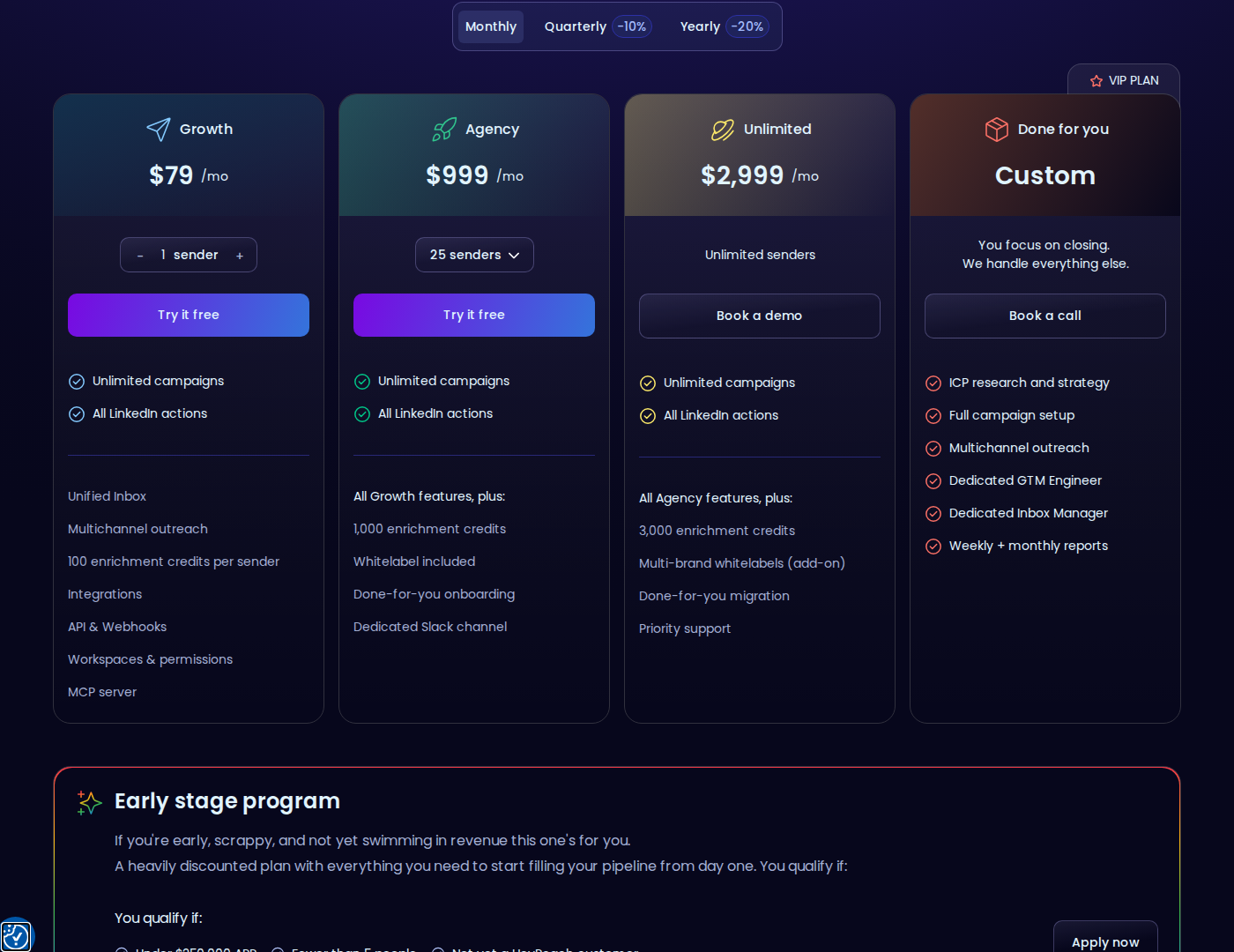 HeyReach pricing with monthly Growth, Agency and Unlimited plans