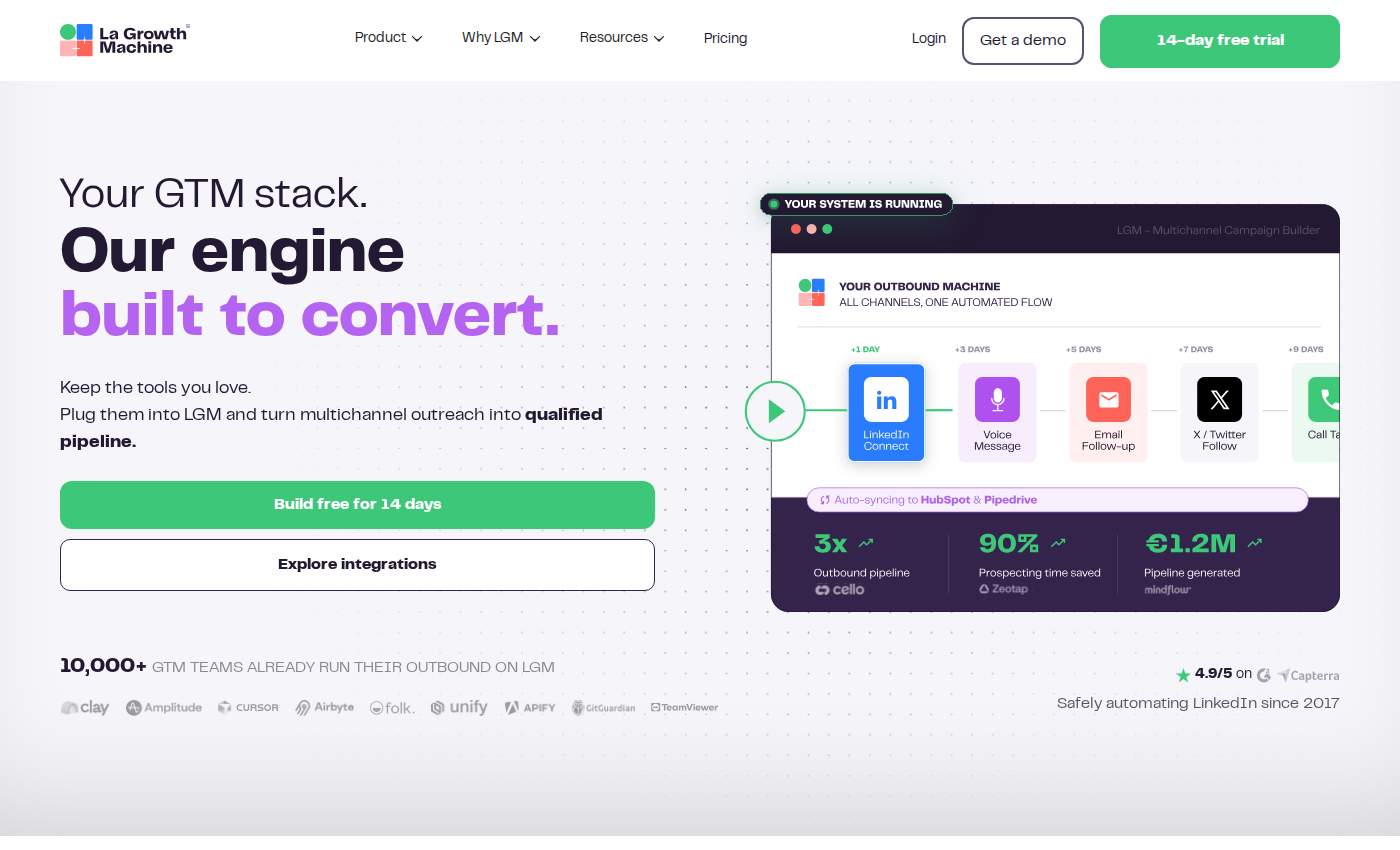 La Growth Machine homepage showing its multichannel prospecting platform