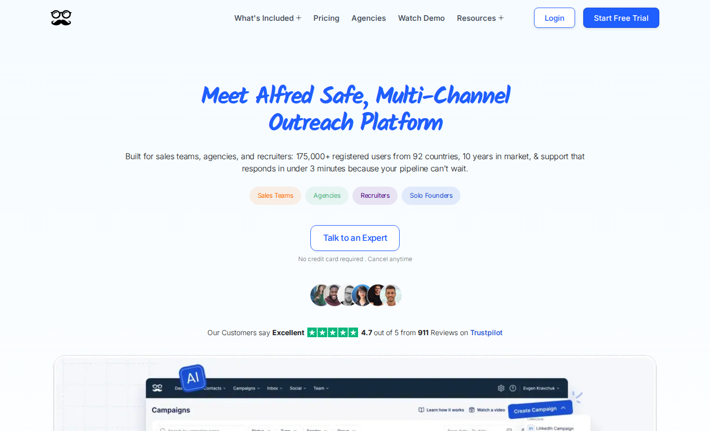 Meet Alfred homepage presenting its outreach platform