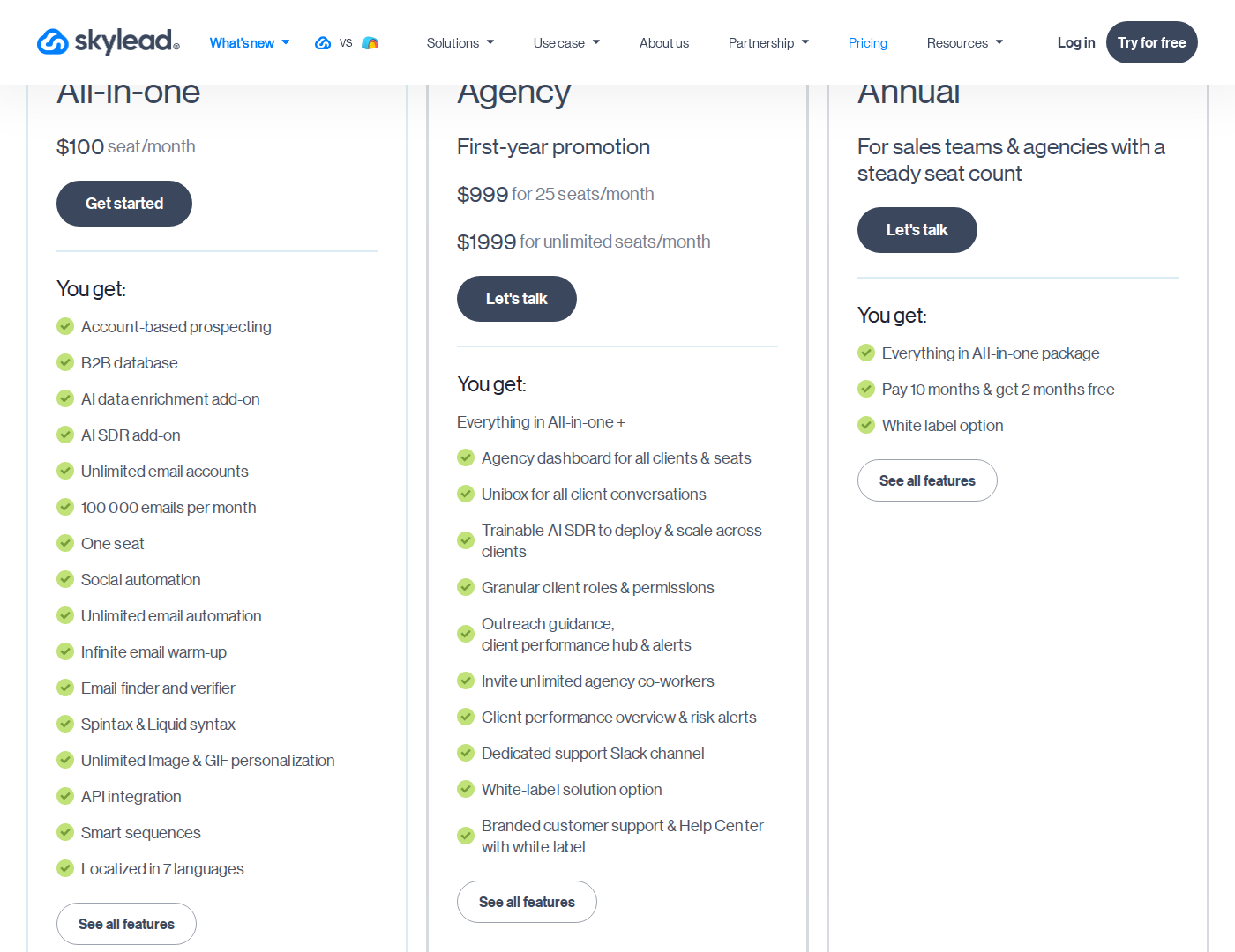 Skylead pricing showing its $100 per-seat All-in-one monthly plan