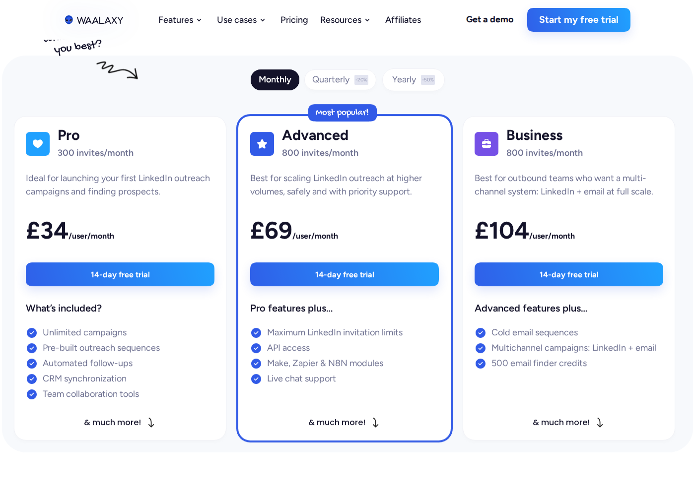 Waalaxy UK pricing showing monthly Pro, Advanced and Business prices in GBP