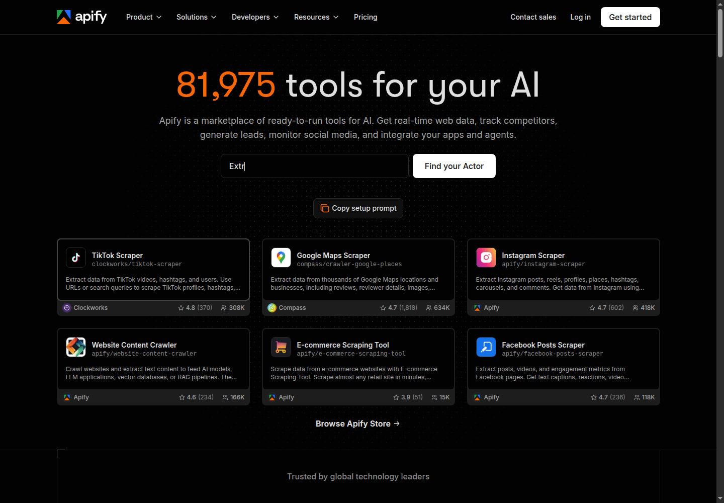 Apify homepage identifying its web automation and Actor platform