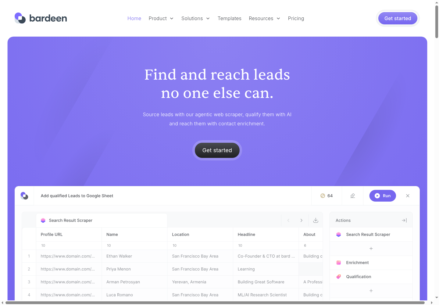 Bardeen homepage showing scraping, AI qualification, and contact enrichment