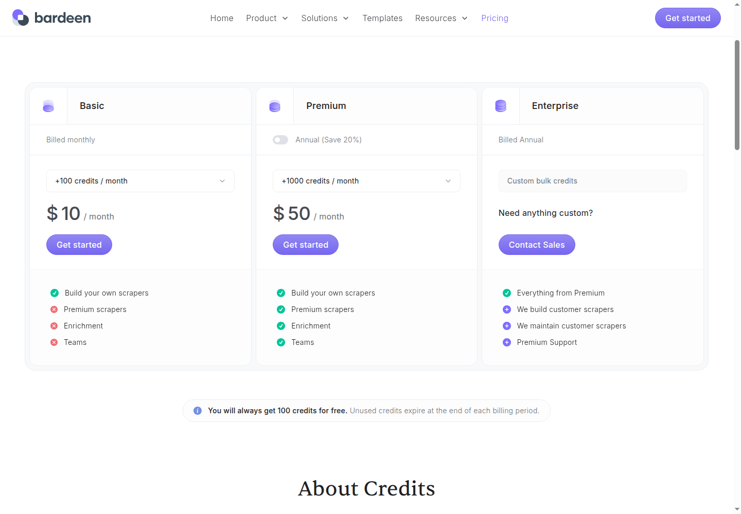Bardeen pricing showing Basic monthly billing and Premium the annual-discount toggle, with credit allowances
