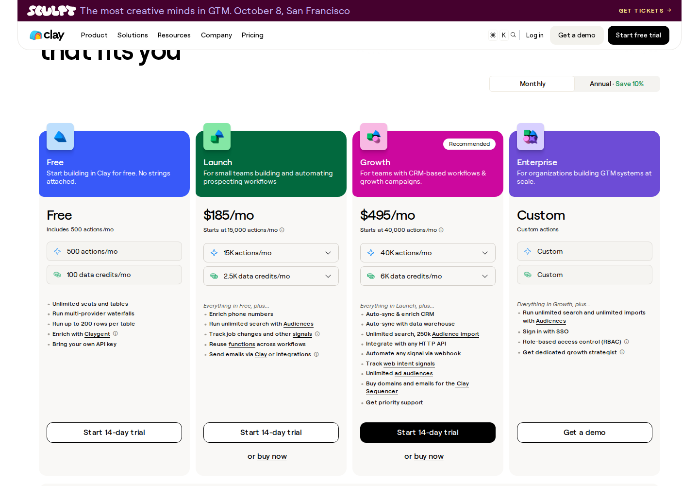 Clay monthly plan pricing showing Free, Launch, and Growth with Data Credits and Actions