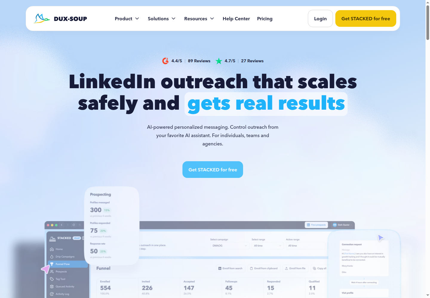 Dux-Soup homepage introducing STACKED LinkedIn outreach