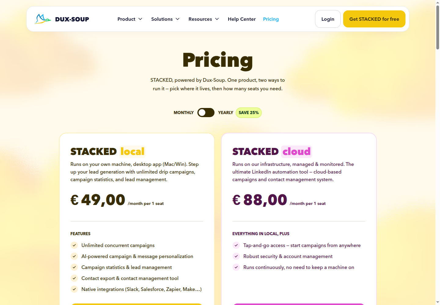 Dux-Soup STACKED local and cloud pricing in EUR, with monthly prices