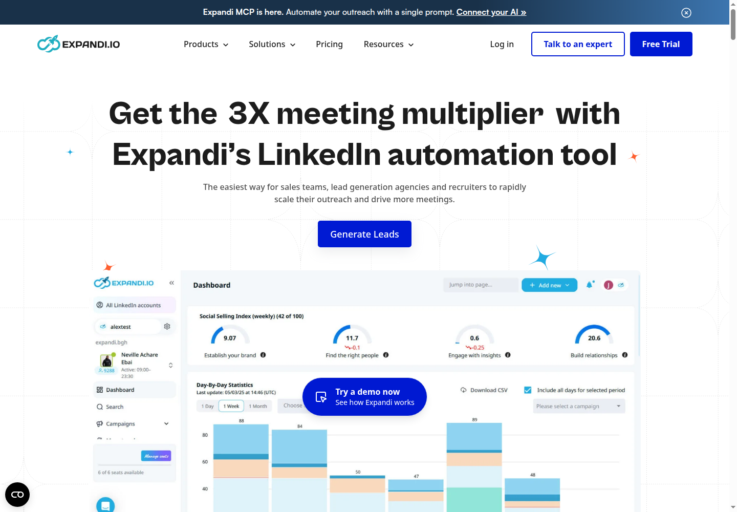 Expandi homepage identifying its LinkedIn outreach automation product
