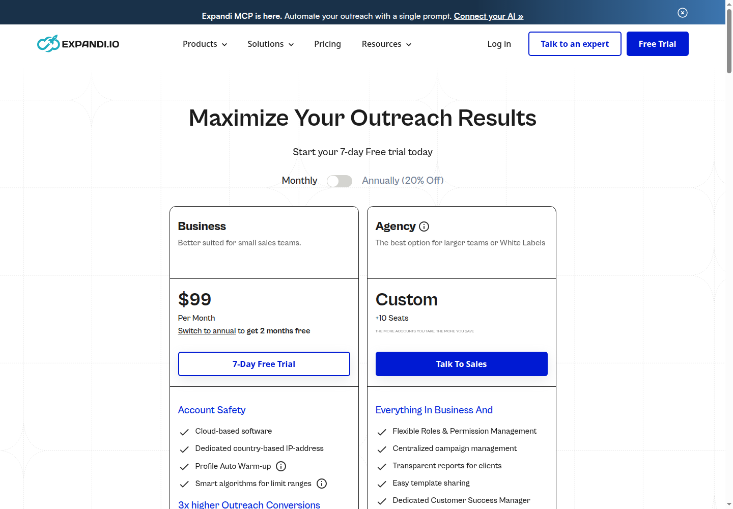Expandi Business pricing at $99 per month with the monthly billing option