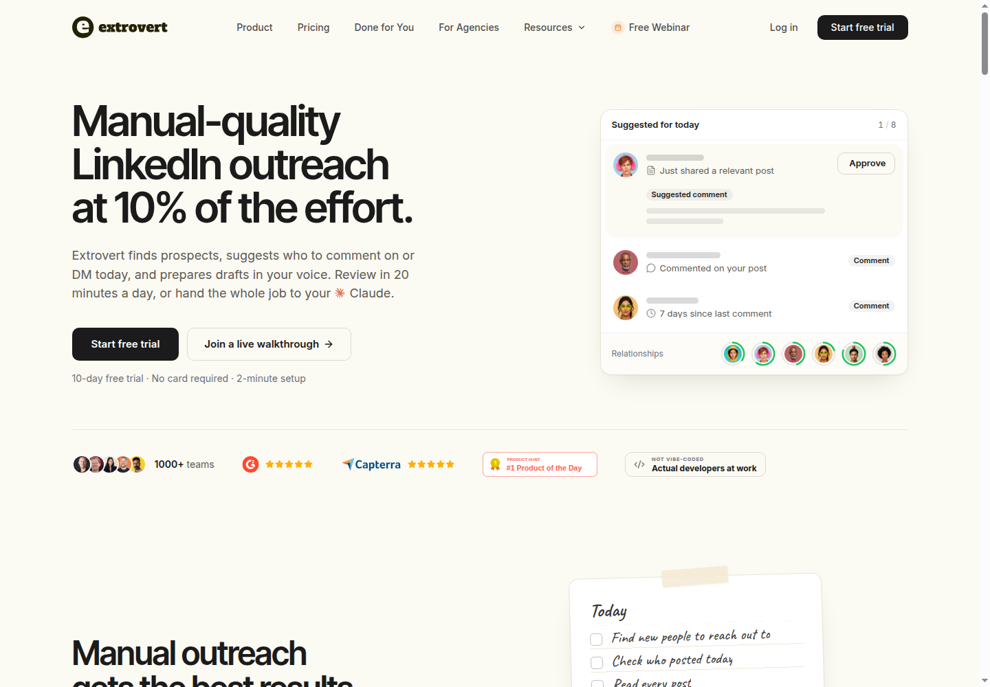 Extrovert homepage showing prospect discovery and prepared LinkedIn outreach
