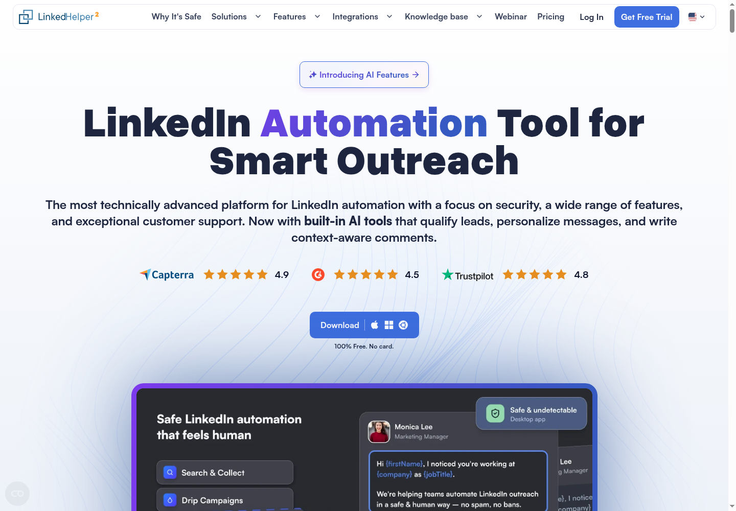 Linked Helper homepage identifying its desktop LinkedIn automation and AI tools