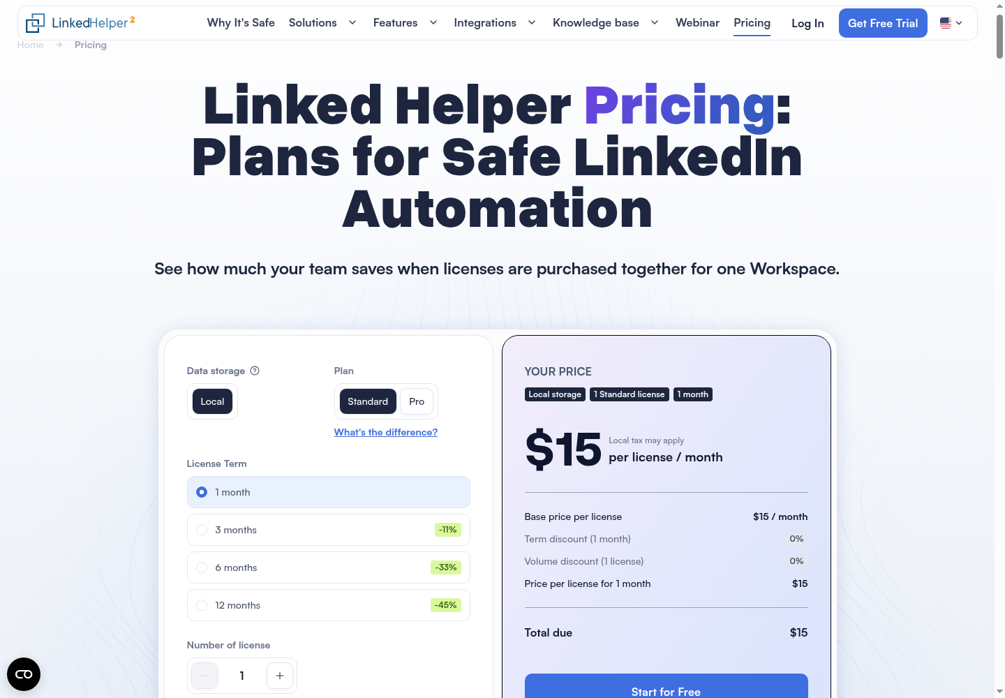 Linked Helper pricing calculator showing one Standard license, local storage, one month, and a $15 total