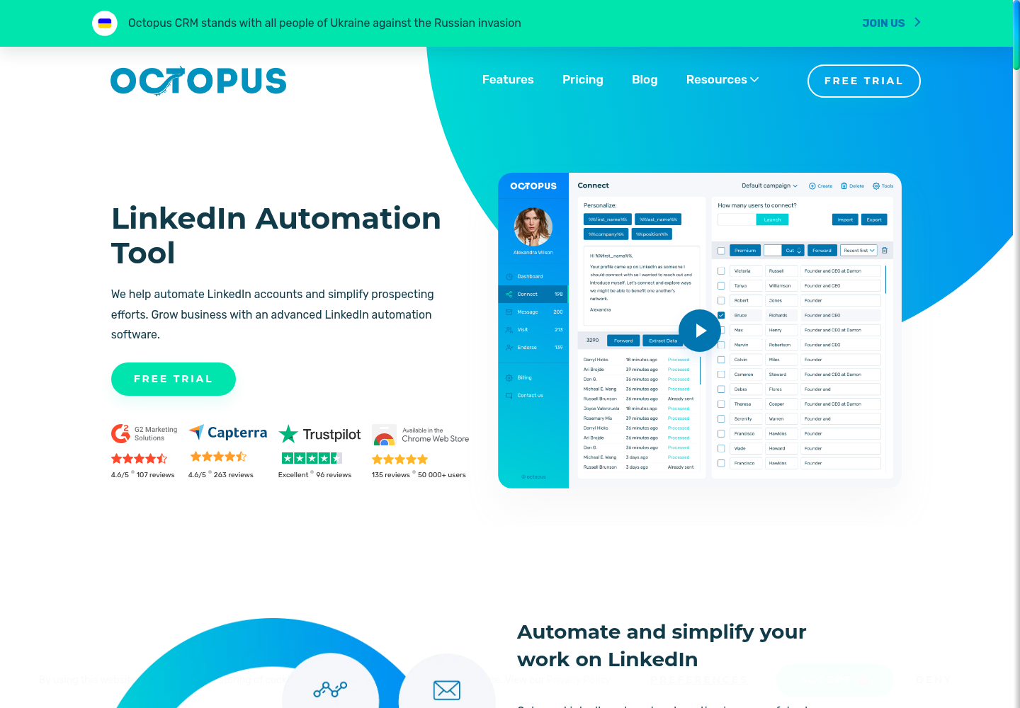 Octopus CRM homepage identifying its LinkedIn automation tool
