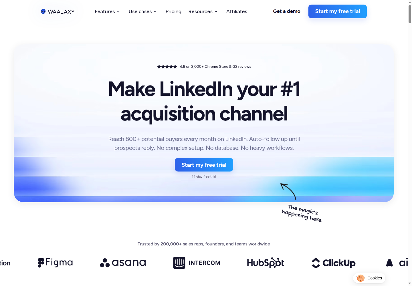 Waalaxy homepage showing LinkedIn acquisition and automated follow-ups