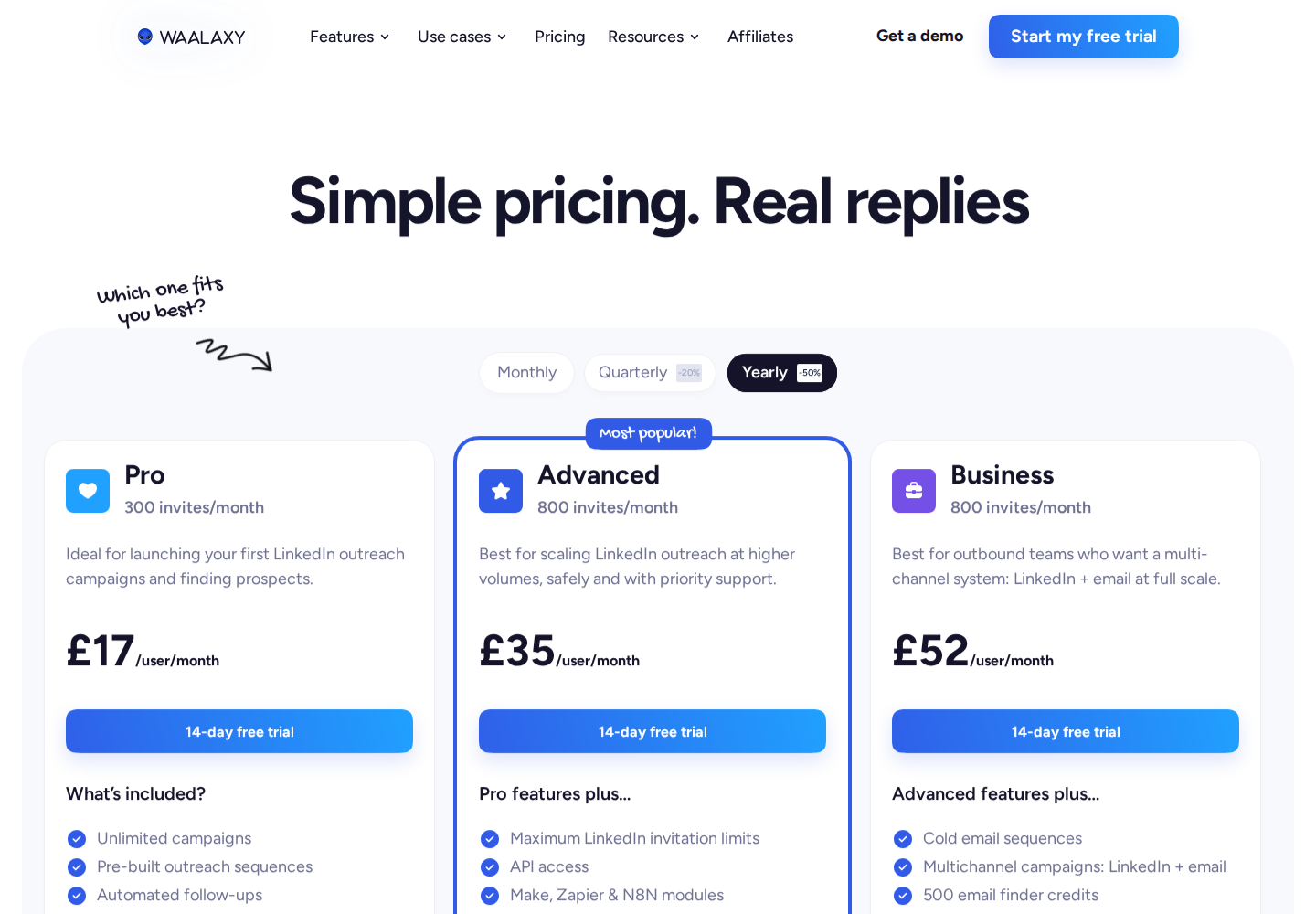 Waalaxy yearly GBP pricing showing Pro £17, Advanced £35, and Business £52 per user per month