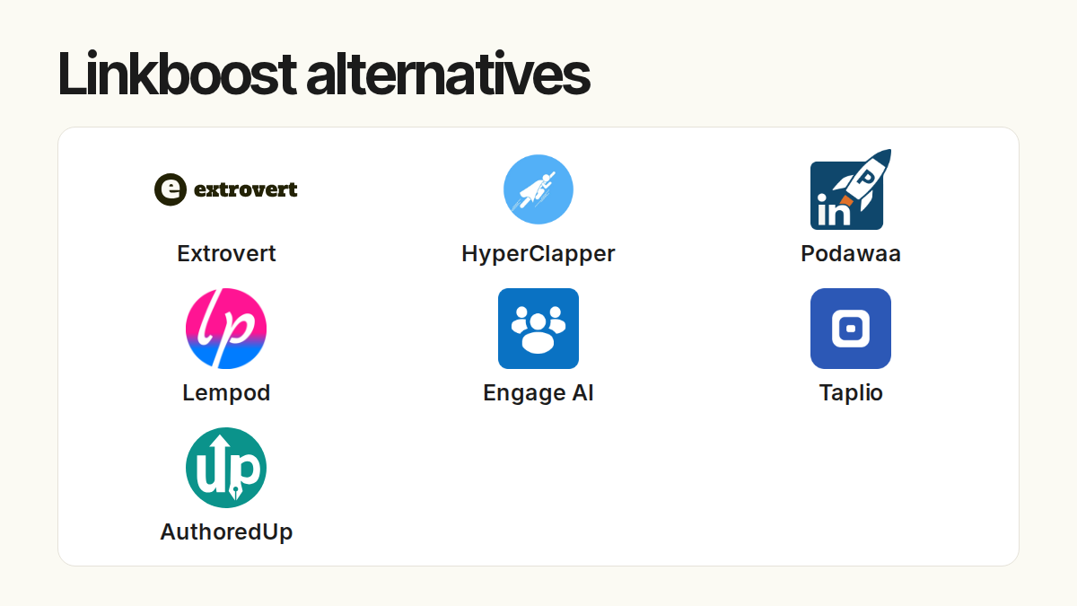 Linkboost alternatives. Compared products: Extrovert, HyperClapper, Podawaa, Lempod, Engage AI, Taplio, AuthoredUp.