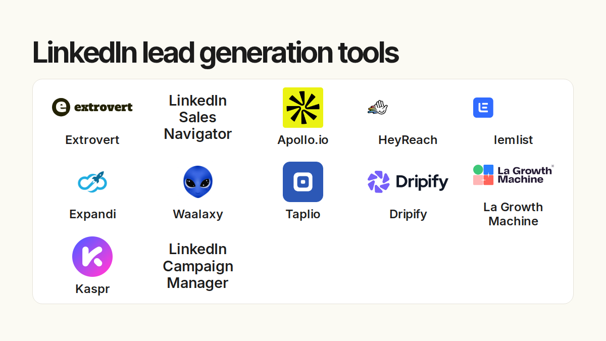 LinkedIn lead generation tools. Compared products: Extrovert, LinkedIn Sales Navigator, Apollo.io, HeyReach, lemlist, Expandi, Waalaxy, Taplio, Dripify, La Growth Machine, Kaspr, LinkedIn Campaign Manager.