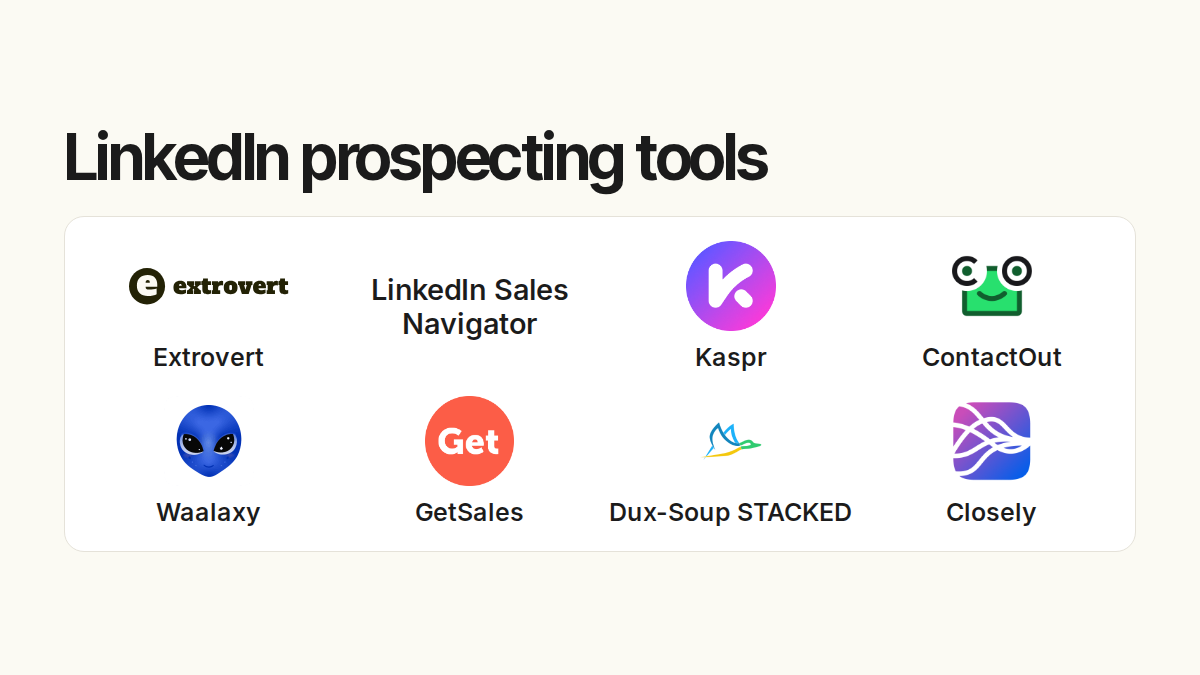 LinkedIn prospecting tools. Compared products: Extrovert, LinkedIn Sales Navigator, Kaspr, ContactOut, Waalaxy, GetSales, Dux-Soup STACKED, Closely.