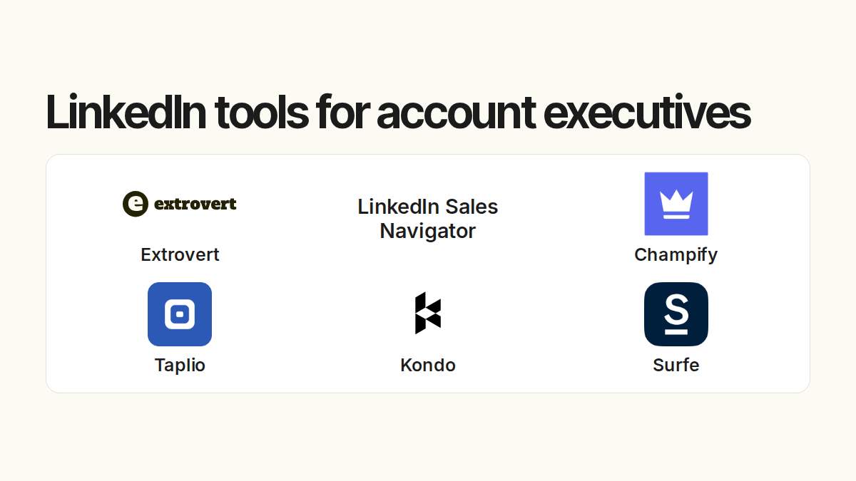 LinkedIn tools for account executives. Compared products: Extrovert, LinkedIn Sales Navigator, Champify, Taplio, Kondo, Surfe.