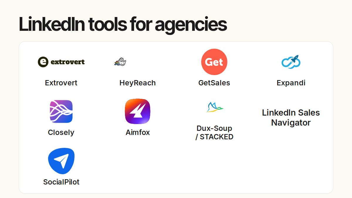 LinkedIn tools for agencies. Compared products: Extrovert, HeyReach, GetSales, Expandi, Closely, Aimfox, Dux-Soup / STACKED, LinkedIn Sales Navigator, SocialPilot.