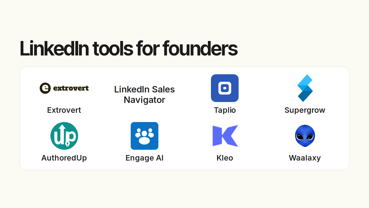 LinkedIn tools for founders. Compared products: Extrovert, LinkedIn Sales Navigator, Taplio, Supergrow, AuthoredUp, Engage AI, Kleo, Waalaxy.