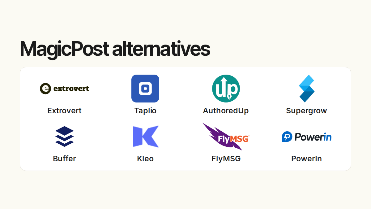 MagicPost alternatives. Compared products: Extrovert, Taplio, AuthoredUp, Supergrow, Buffer, Kleo, FlyMSG, PowerIn.