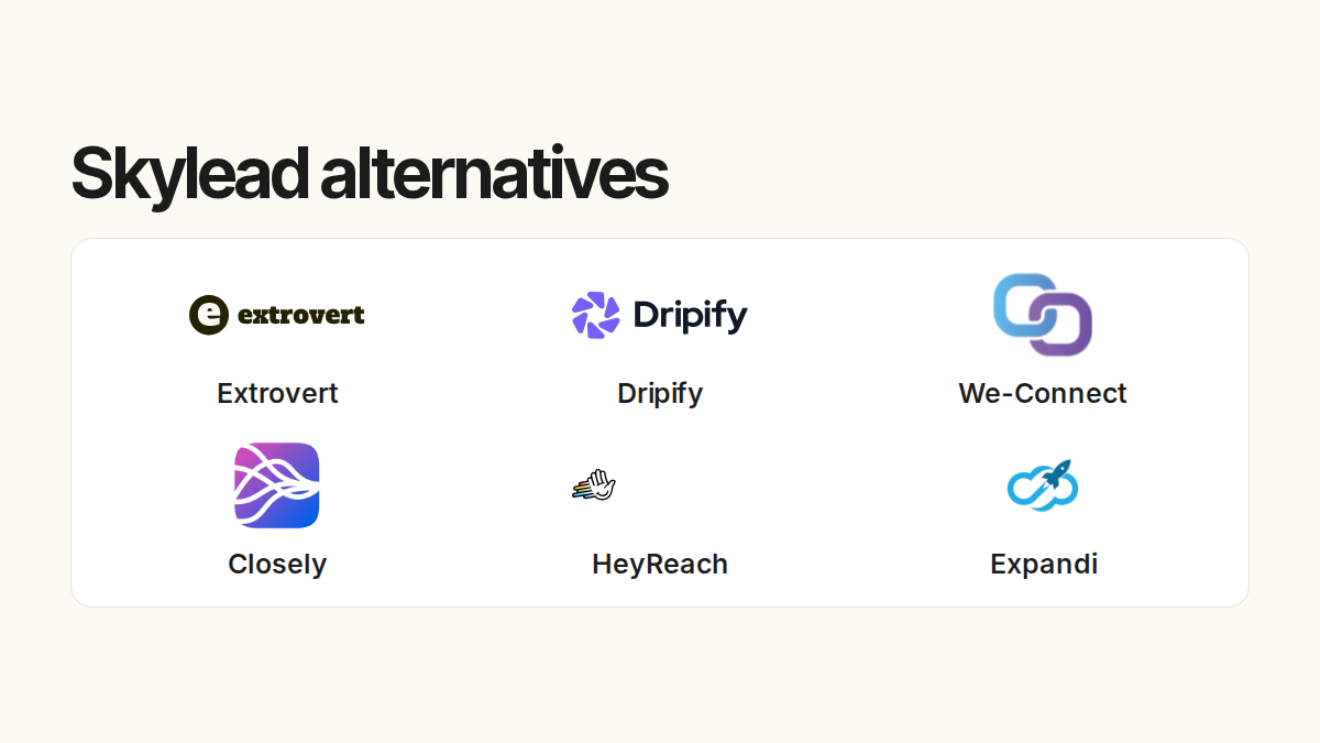 Skylead alternatives. Compared products: Extrovert, Dripify, We-Connect, Closely, HeyReach, Expandi.