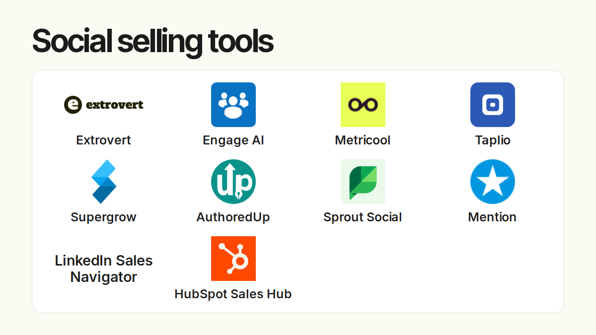 Social selling tools. Compared products: Extrovert, Engage AI, Metricool, Taplio, Supergrow, AuthoredUp, Sprout Social, Mention, LinkedIn Sales Navigator, HubSpot Sales Hub.