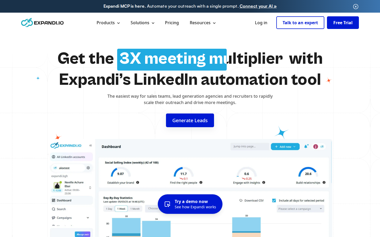 Expandi official homepage showing its LinkedIn outreach and campaign positioning