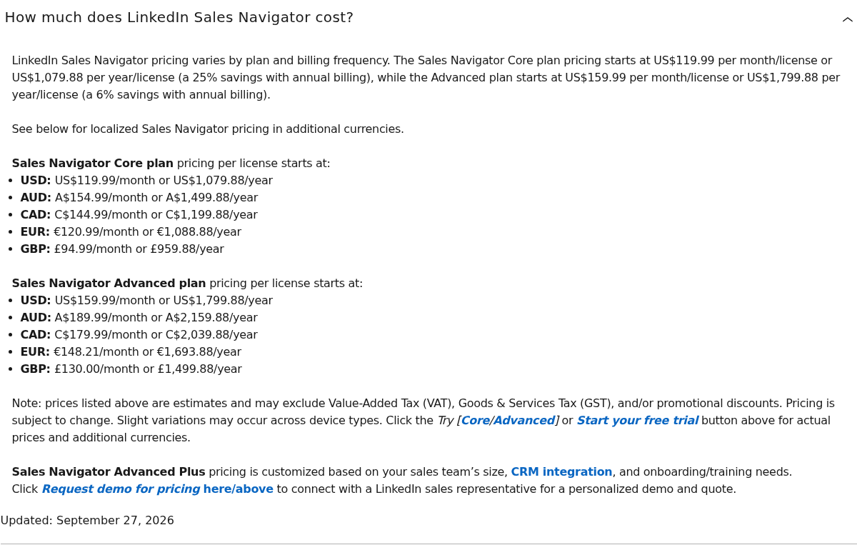 LinkedIn Sales Navigator official prices: Core and Advanced monthly and annual billing, Advanced Plus custom pricing