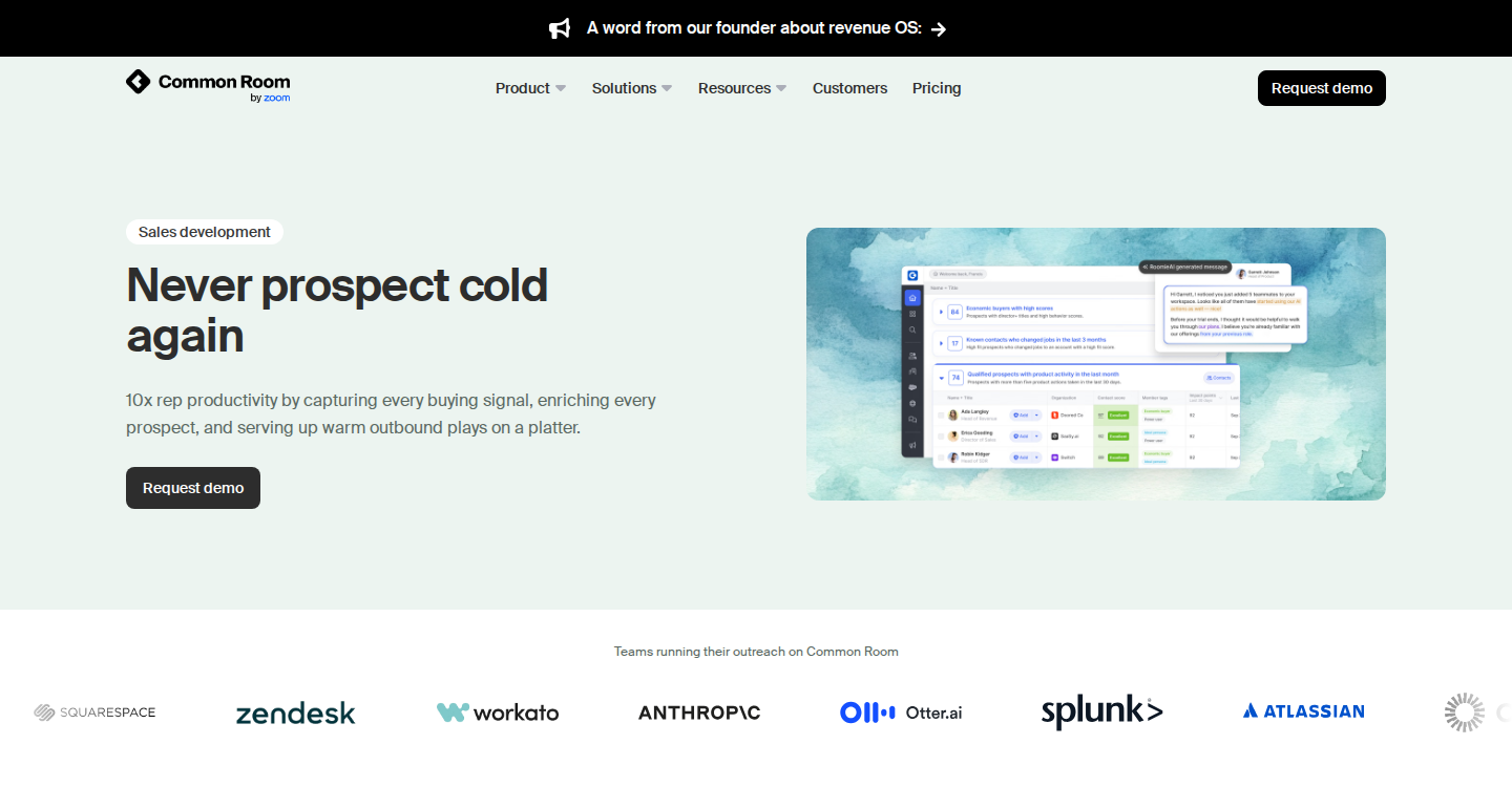Common Room sales development page presenting buyer signals and warm outbound workflows