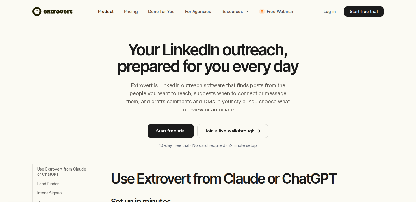 Extrovert product page describing daily LinkedIn outreach with prepared comments and DMs