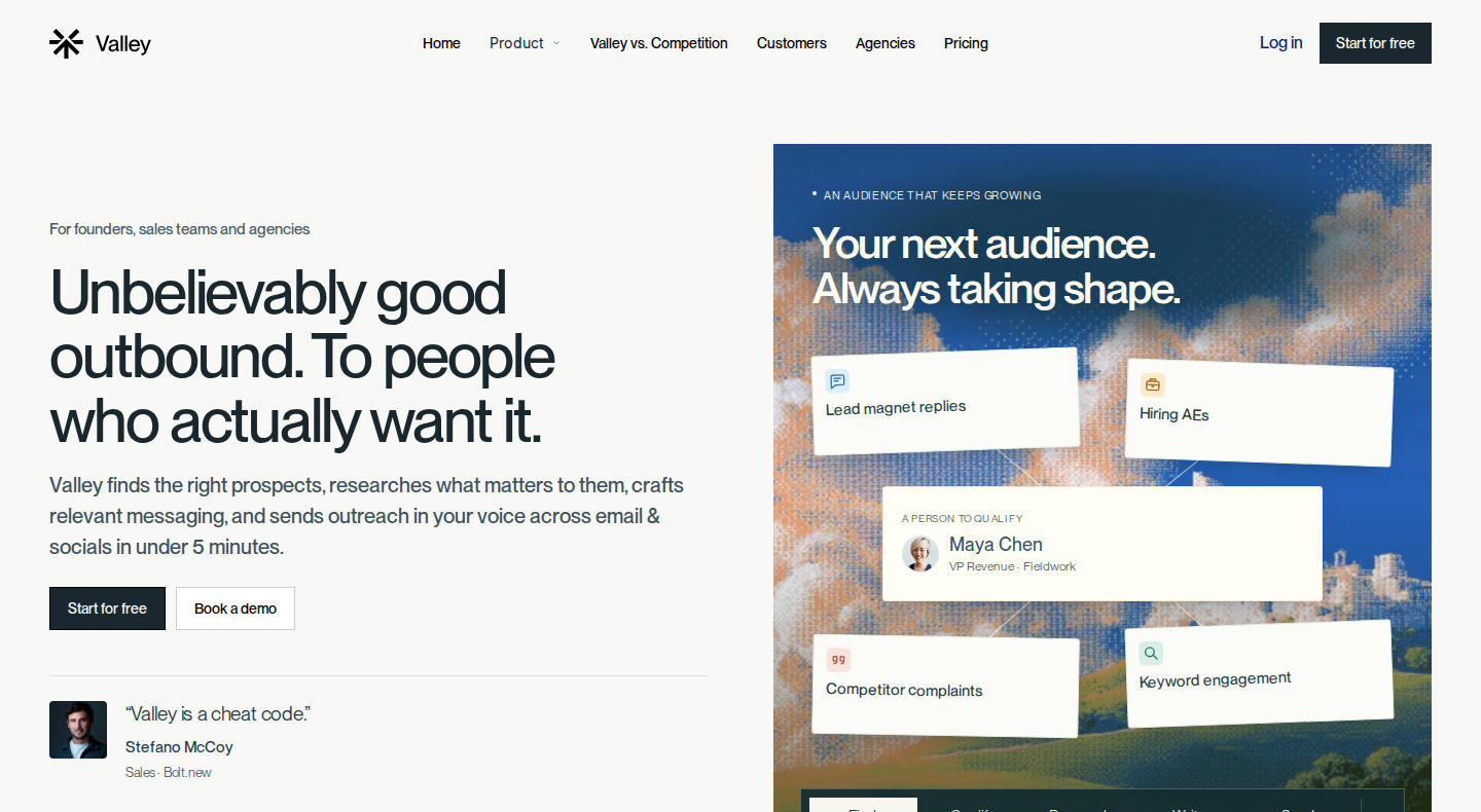 Valley homepage showing its signal-led prospecting and outreach workflow
