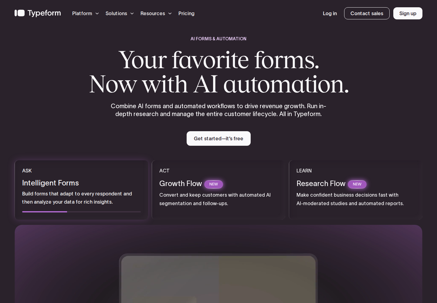 Typeform official homepage hero introducing forms and automated workflows