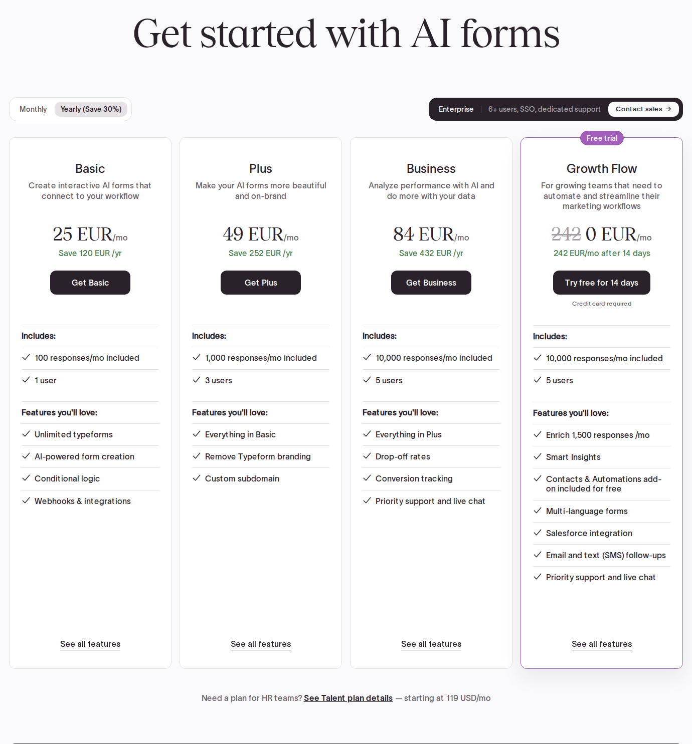 Typeform's complete official annual-pricing section showing EUR prices, response allowances, users and Growth Flow features