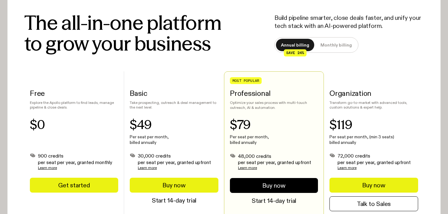 Apollo official pricing section