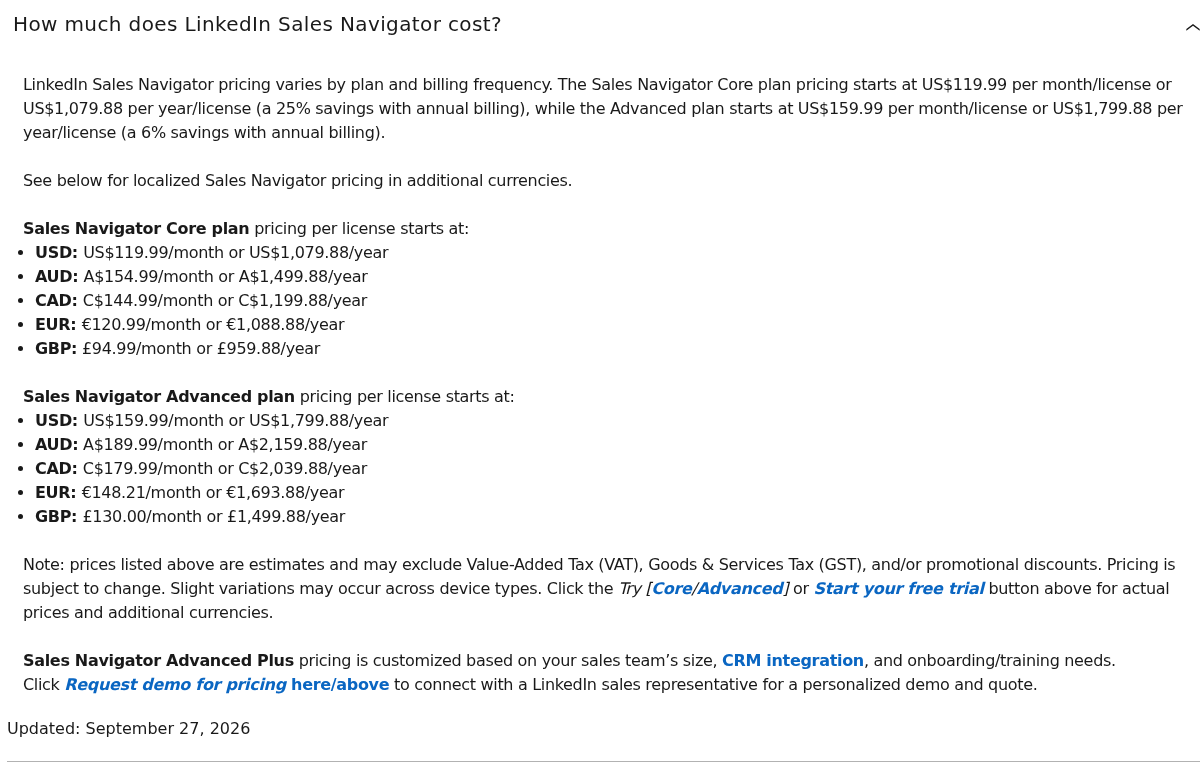 LinkedIn Sales Navigator official pricing section