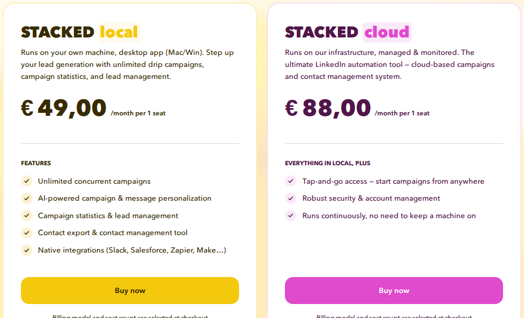 Dux-Soup STACKED pricing showing Local and Cloud seat prices in euros