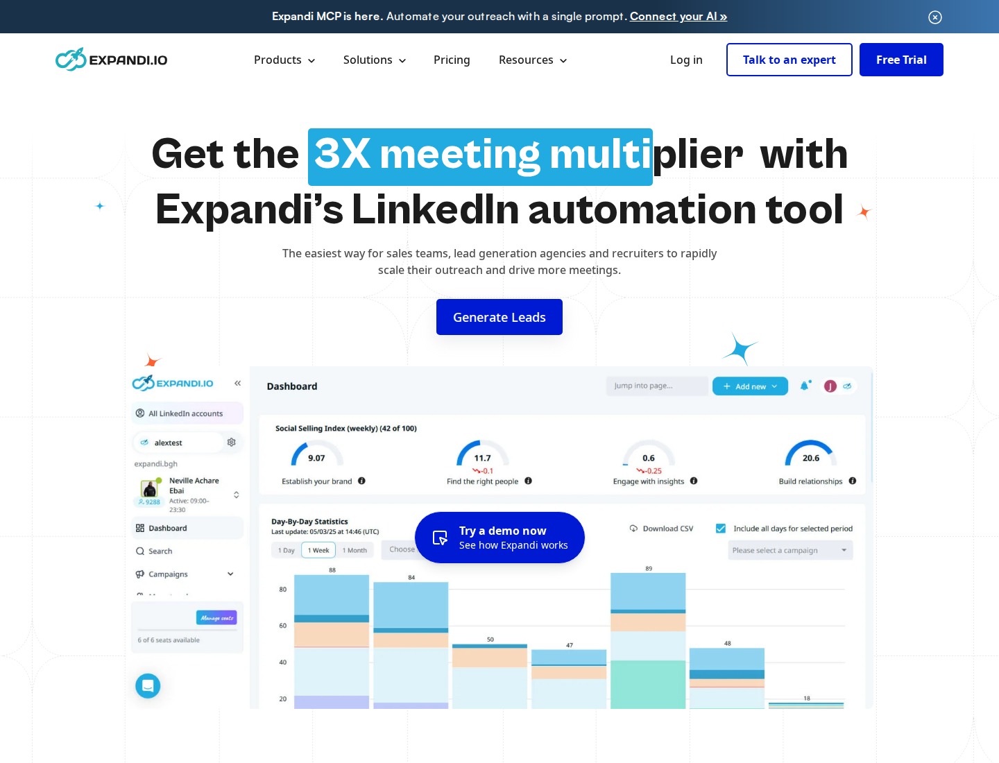 Expandi homepage introducing its LinkedIn automation platform
