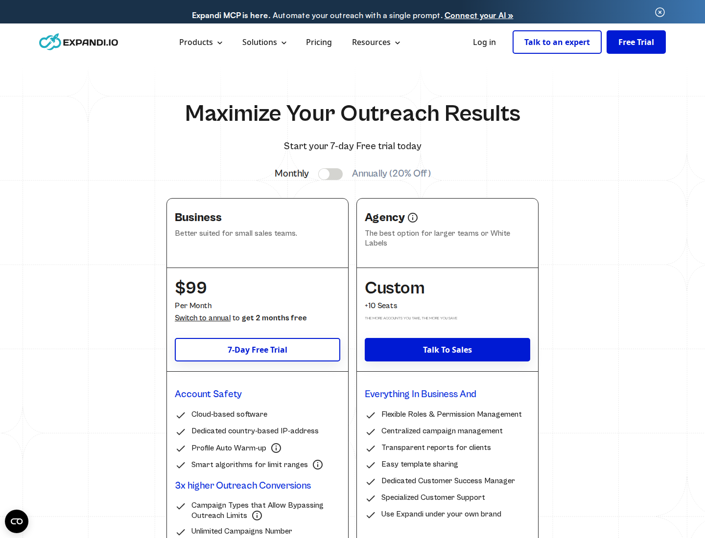 Expandi pricing showing Business at $99 per month and custom agency pricing