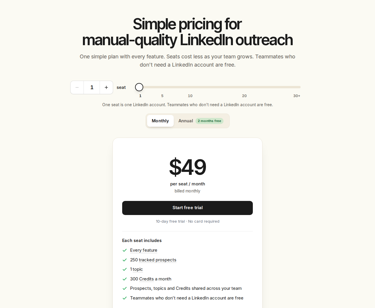 Extrovert pricing showing one seat at $49 per month with included prospects, topic, and Credits