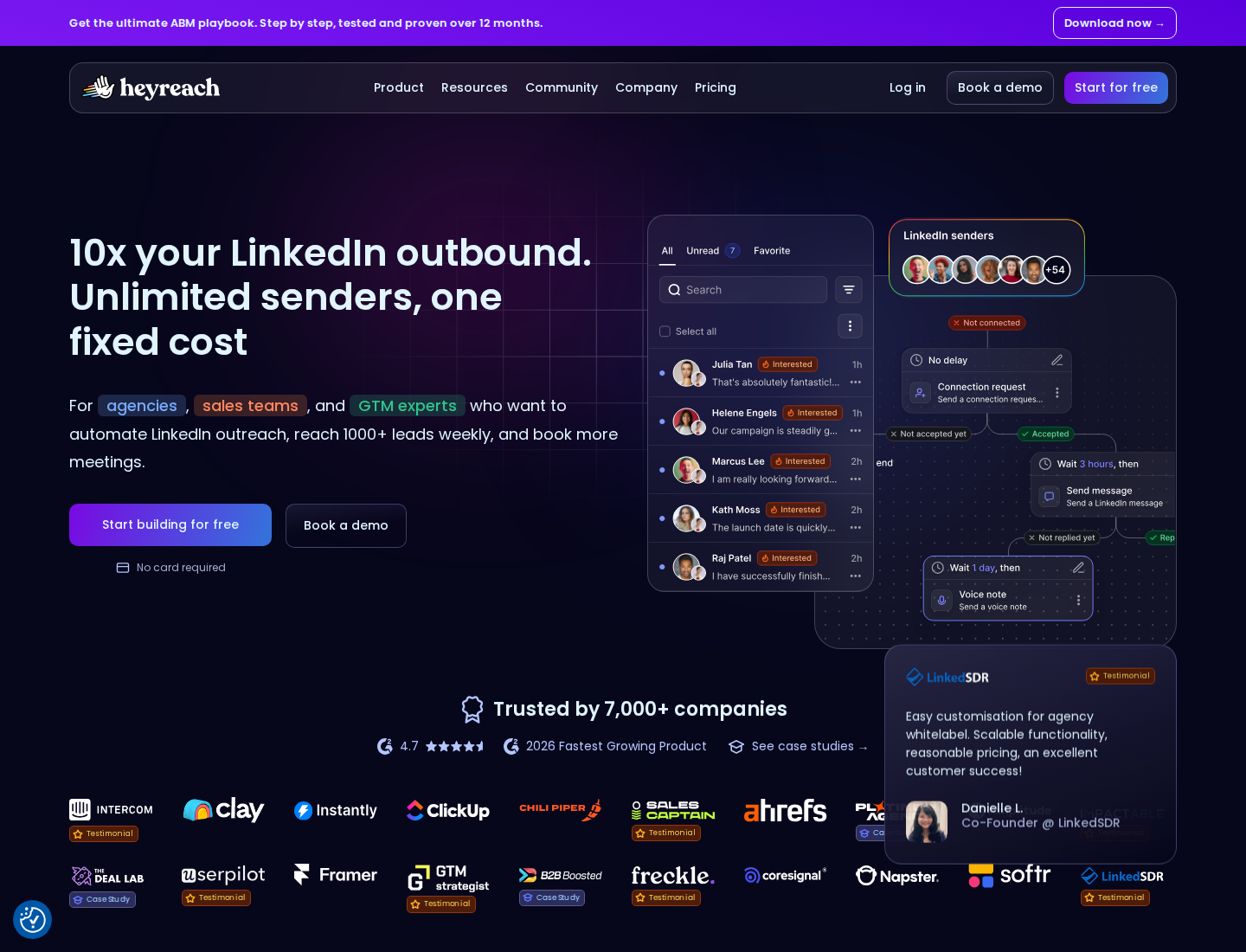 HeyReach homepage introducing LinkedIn outreach across multiple senders